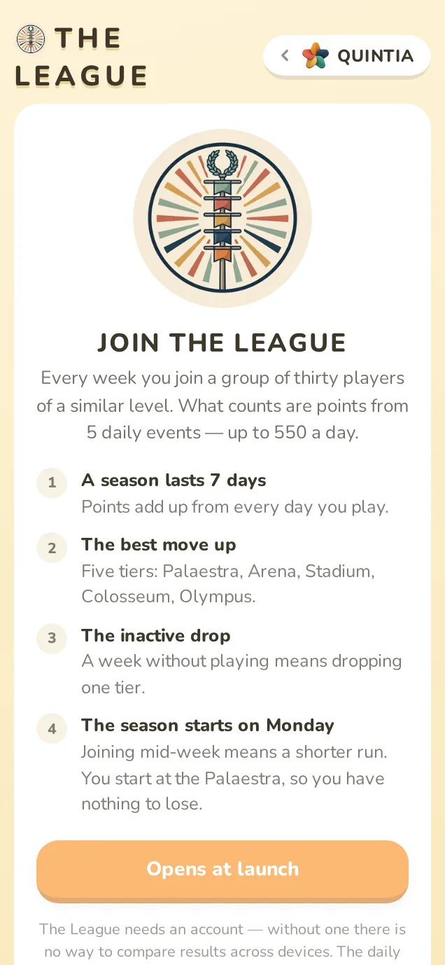 The League screen: the emblem, five tier crests and the League and Clubs cards